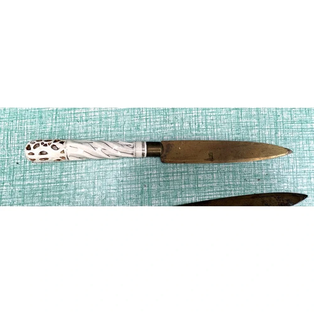 Vintage set of 6 bronze blade fruit knives Bohemia pierced porcelain handles